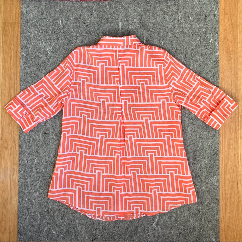 Chicos linen coral orange and white geometric design 3/4 sleeve tunic - Picture 11 of 16